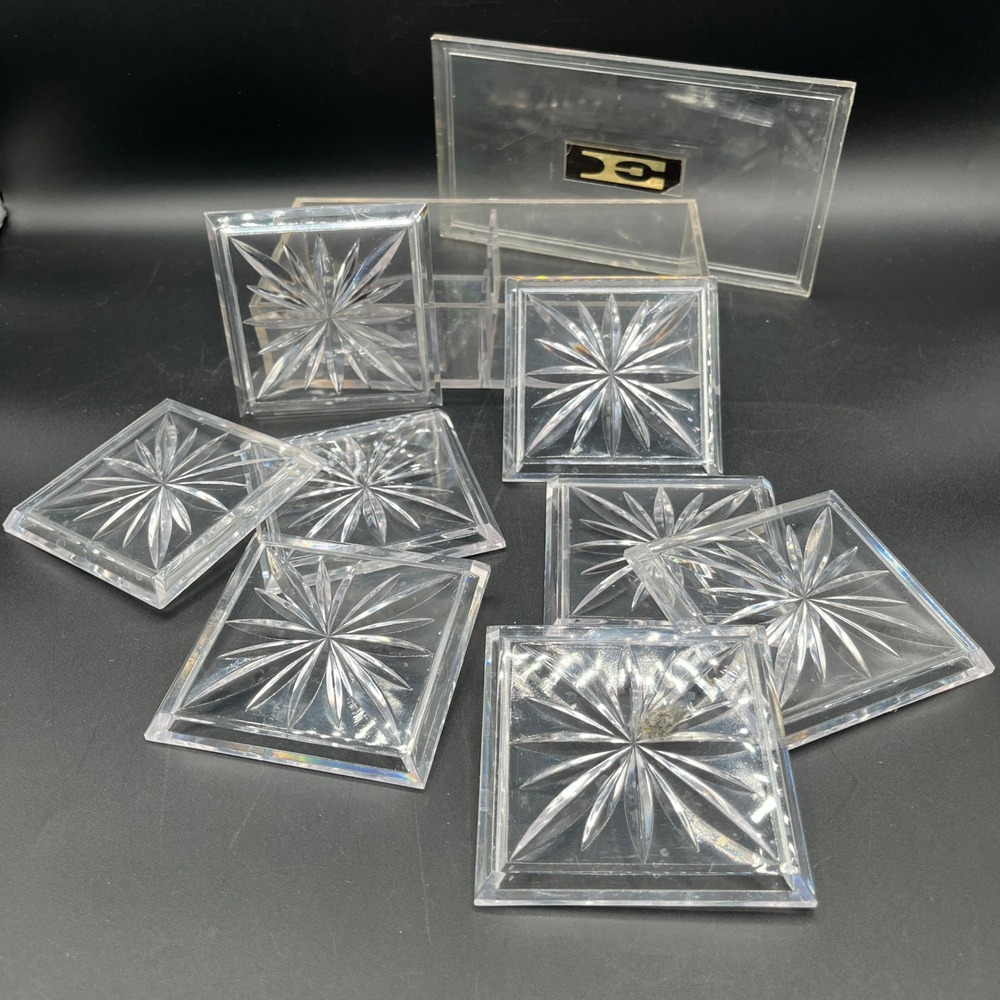 Vtg Set of 8 Clear Acrylic Starburst Coasters Storage Box MCM Duracite As Is